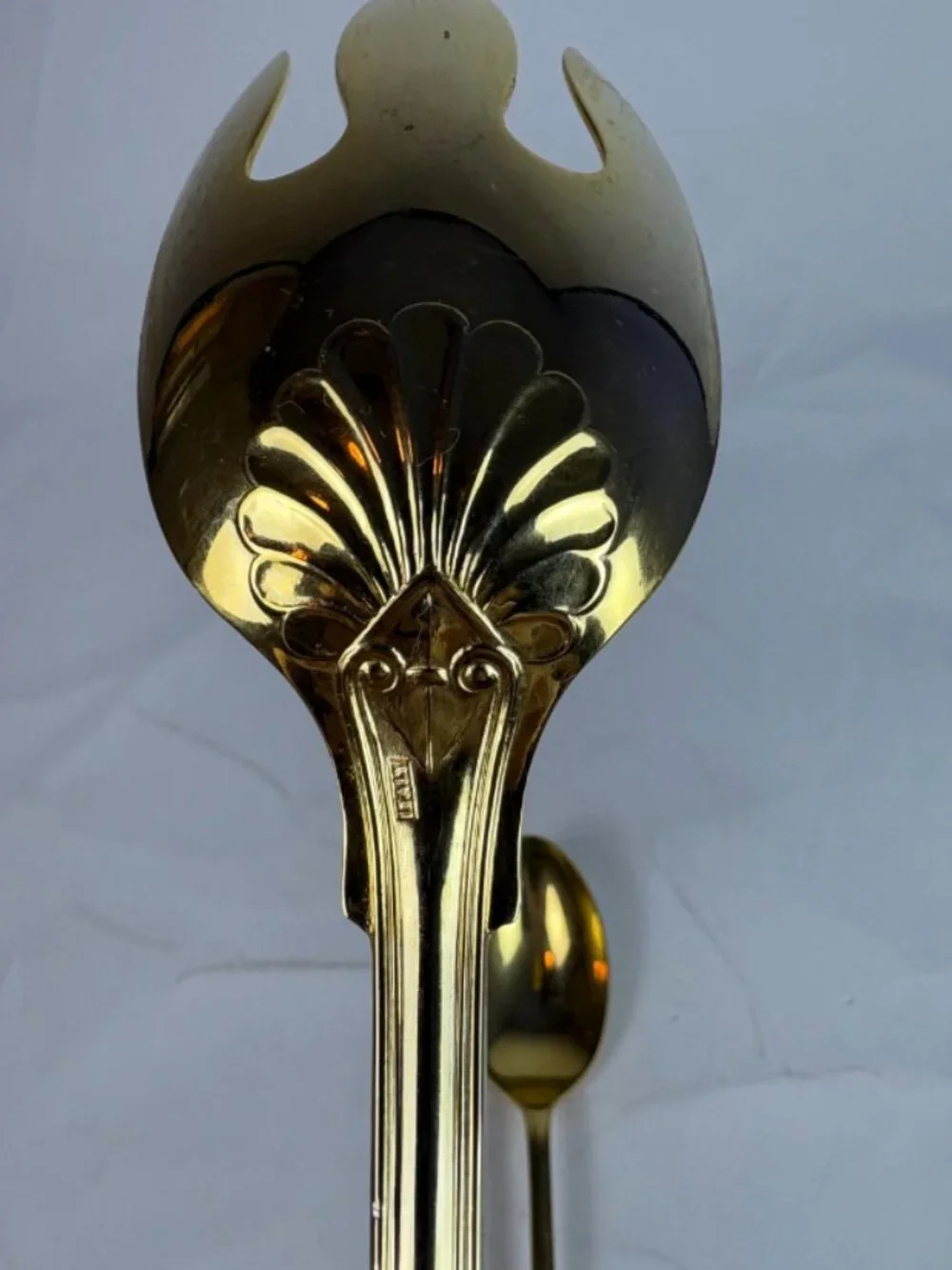 Vintage Gold Tone Salad Serving Set F.B. Rogers Italy Spoon Fork Holly Christmas